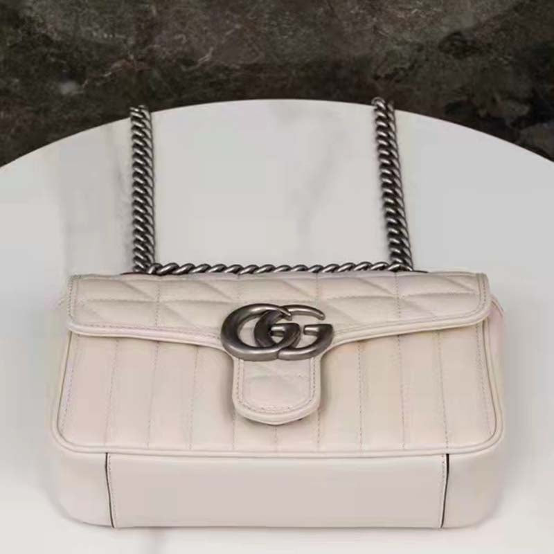 Gucci Women GG Marmont Mini Shoulder Bag White Double G Matelassé