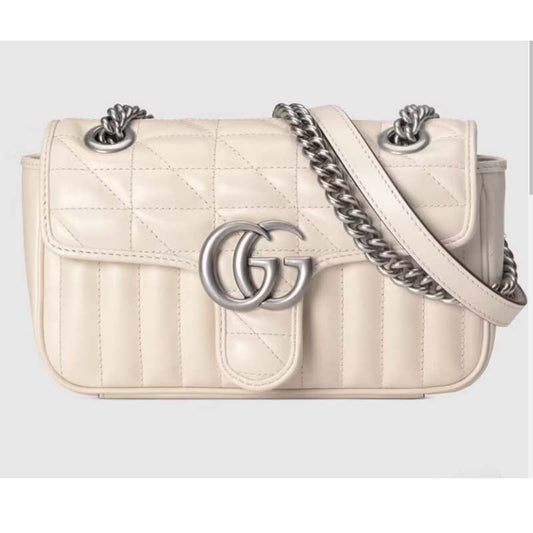 Gucci Women GG Marmont Mini Shoulder Bag White Double G Matelassé Leather