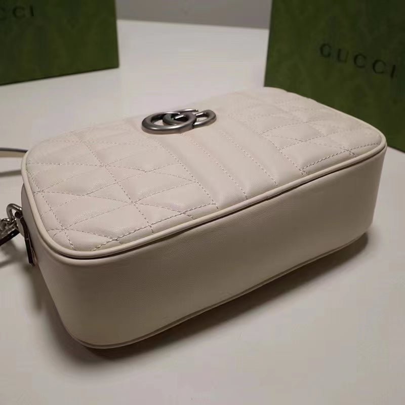 Gucci Women GG Marmont Mini Shoulder Bag White Matelassé Leather Double G