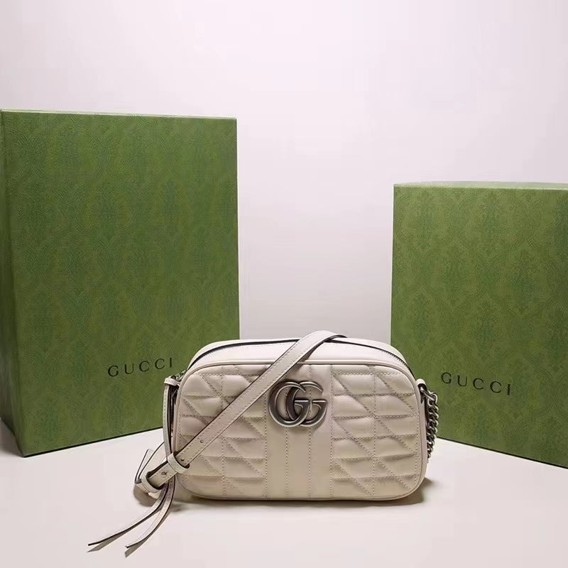 Gucci Women GG Marmont Mini Shoulder Bag White Matelassé Leather Double G