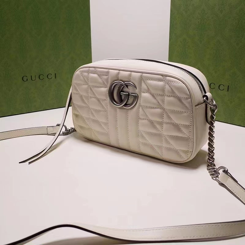 Gucci Women GG Marmont Mini Shoulder Bag White Matelassé Leather Double G