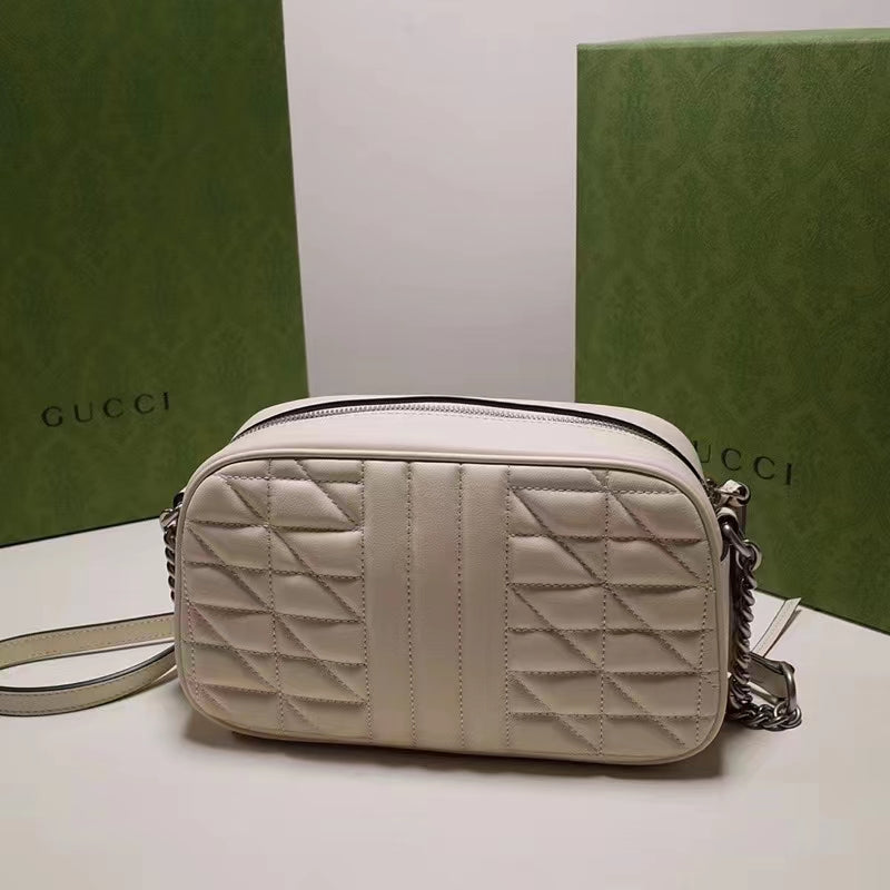 Gucci Women GG Marmont Mini Shoulder Bag White Matelassé Leather Double G