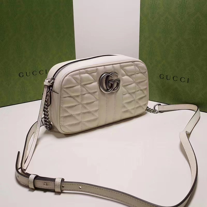 Gucci Women GG Marmont Mini Shoulder Bag White Matelassé Leather Double G