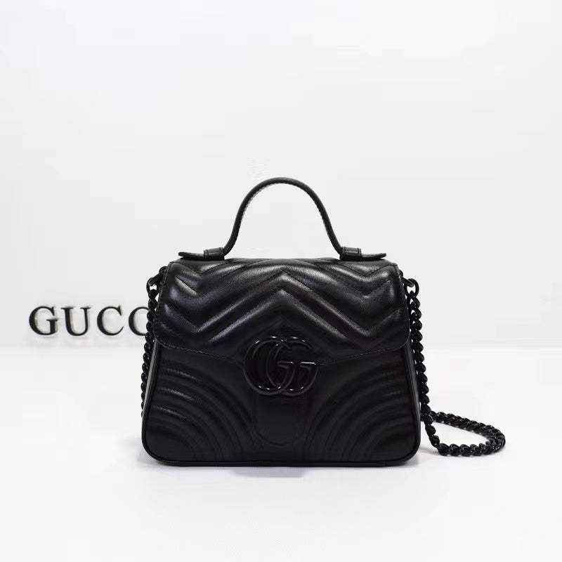 Gucci Women GG Marmont Mini Top Handle Bag Black Matelassé Chevron Leather