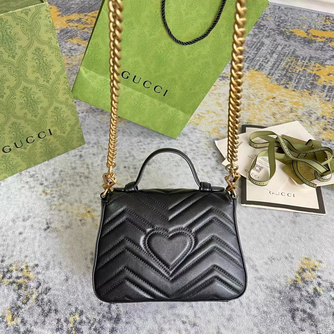 Gucci Women GG Marmont Mini Top Handle Bag Black Matelassé Chevron Leather Heart Double G