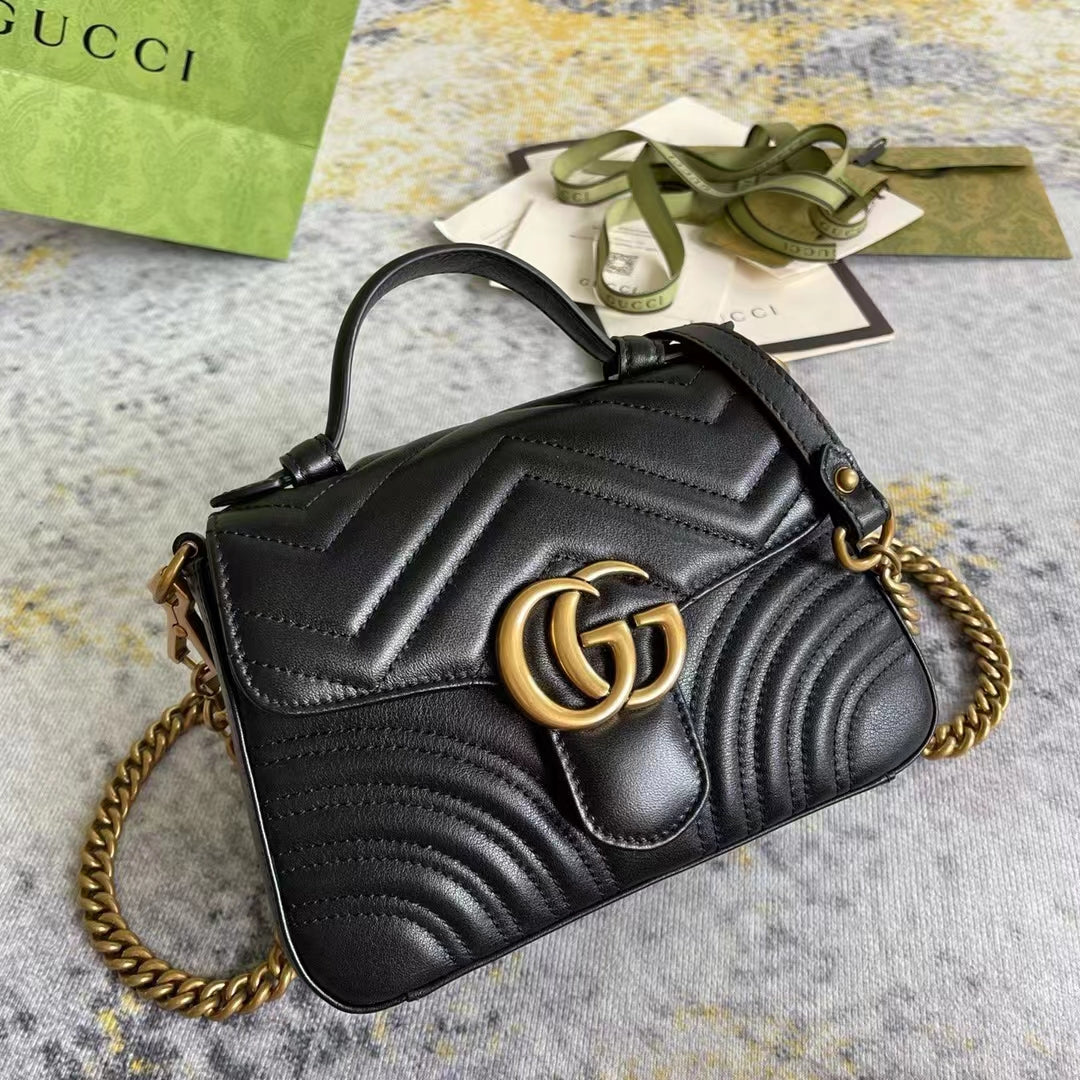 Gucci Women GG Marmont Mini Top Handle Bag Black Matelassé Chevron Leather Heart Double G