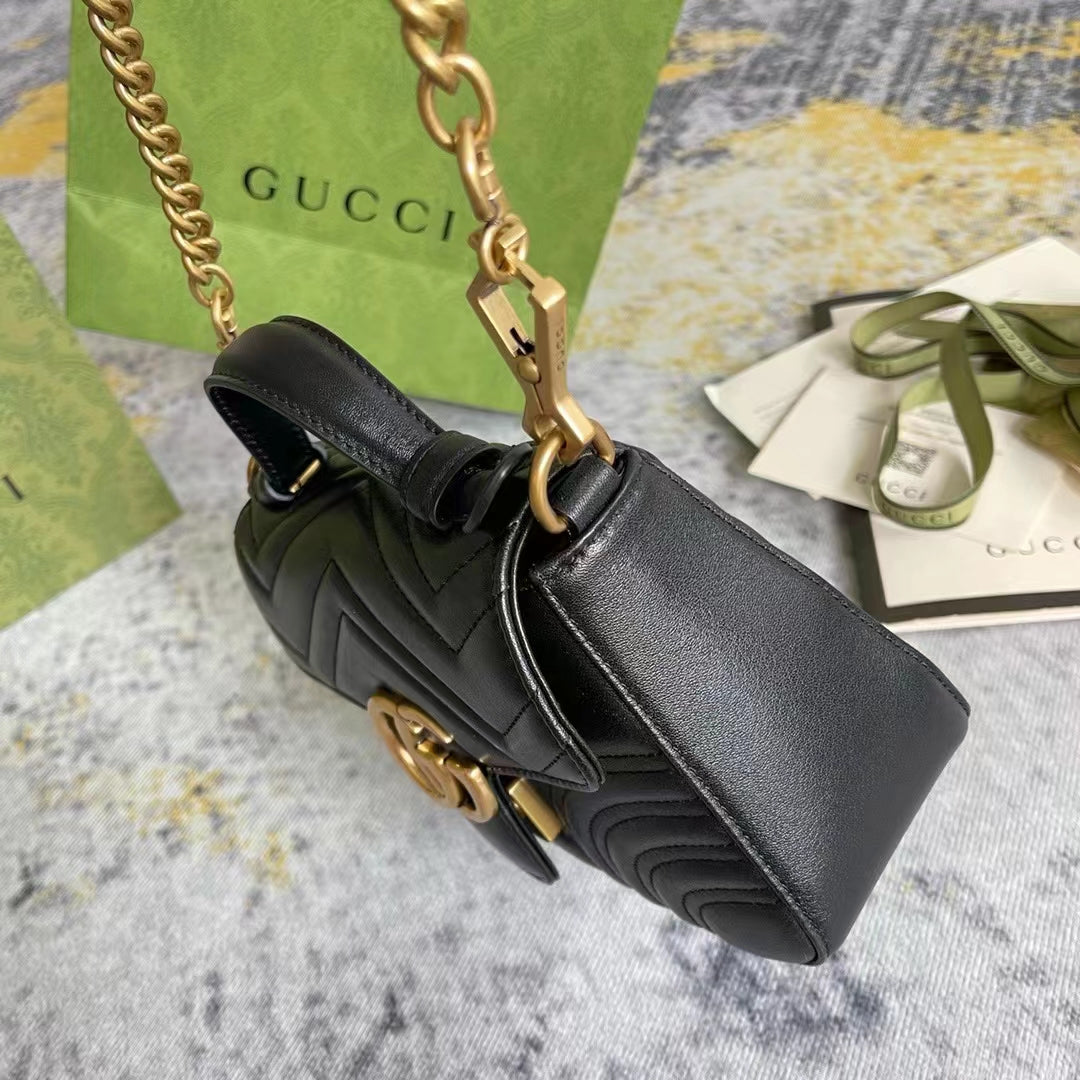 Gucci Women GG Marmont Mini Top Handle Bag Black Matelassé Chevron Leather Heart Double G