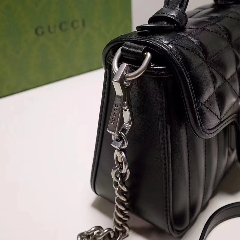 Gucci Women GG Marmont Mini Top Handle Bag Black Matelassé Leather Double G