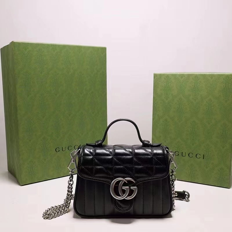 Gucci Women GG Marmont Mini Top Handle Bag Black Matelassé Leather Double G