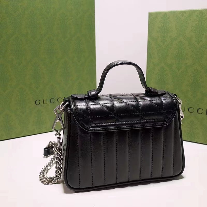 Gucci Women GG Marmont Mini Top Handle Bag Black Matelassé Leather Double G