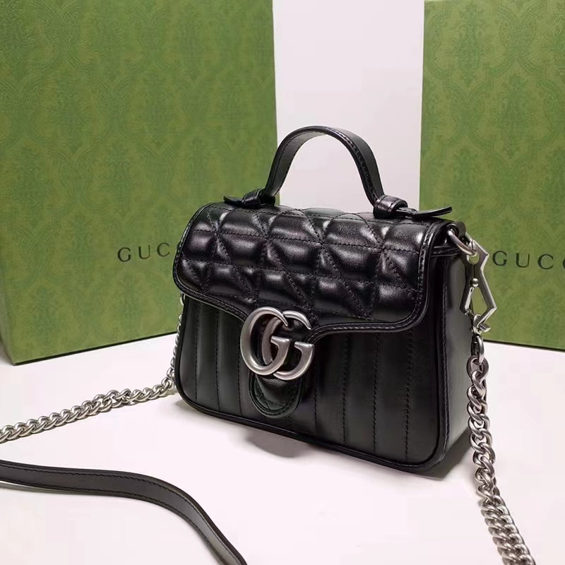 Gucci Women GG Marmont Mini Top Handle Bag Black Matelassé Leather Double G