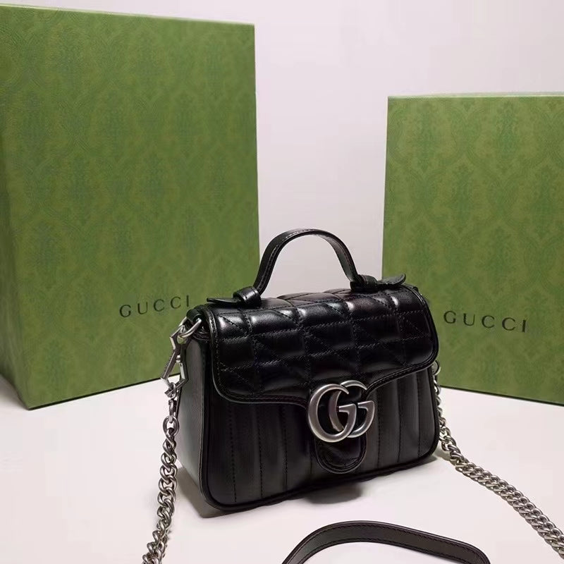 Gucci Women GG Marmont Mini Top Handle Bag Black Matelassé Leather Double G