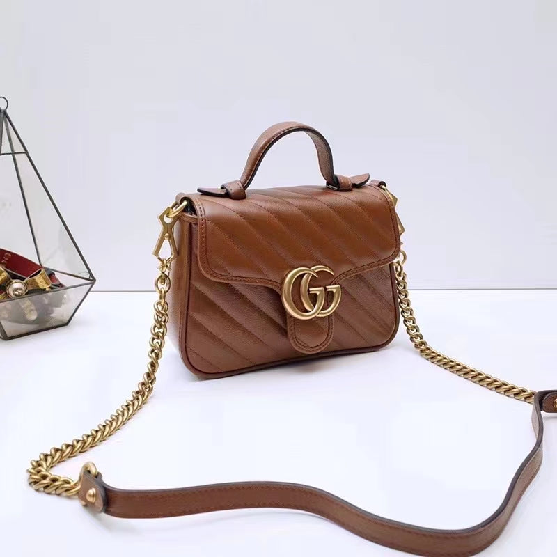 Gucci Women GG Marmont Mini Top Handle Bag Brown Matelassé Leather