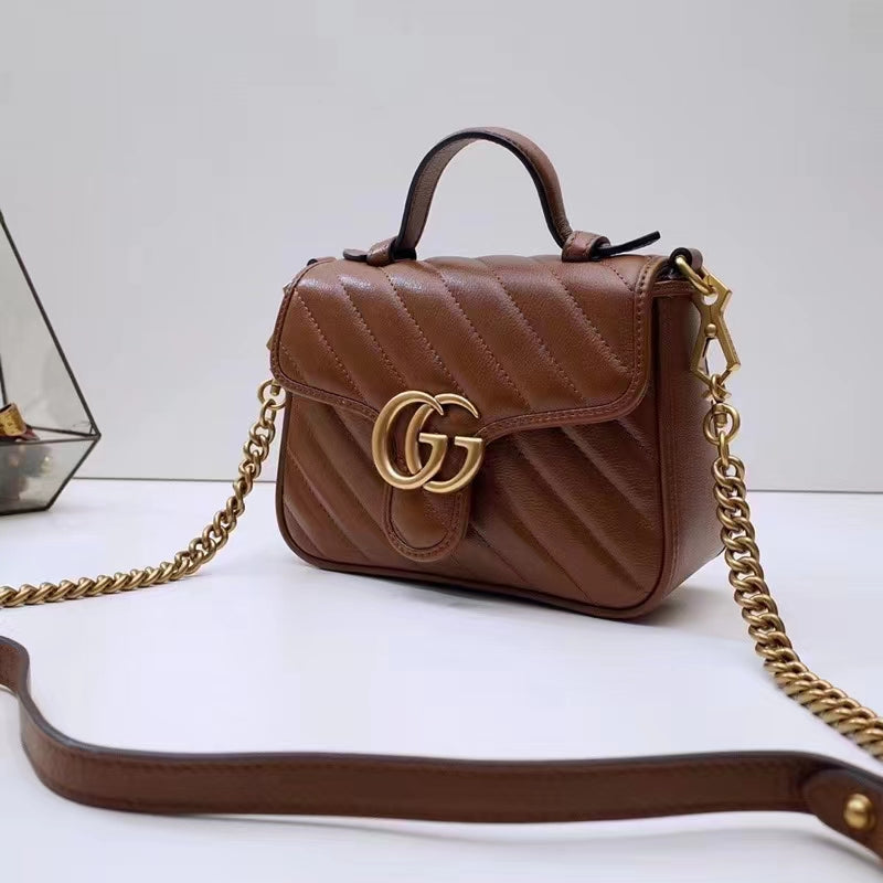 Gucci Women GG Marmont Mini Top Handle Bag Brown Matelassé Leather