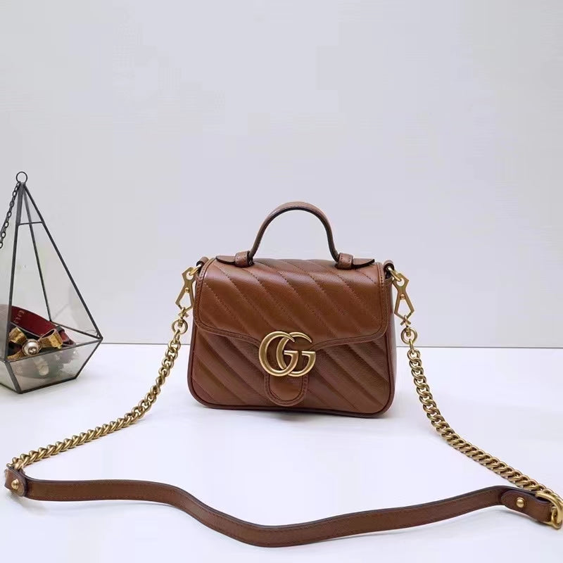 Gucci Women GG Marmont Mini Top Handle Bag Brown Matelassé Leather