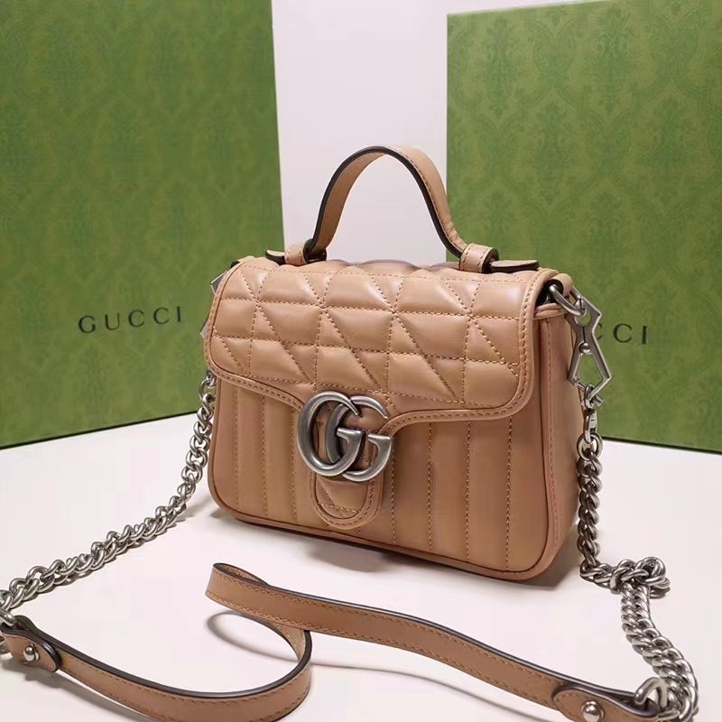 Gucci Women GG Marmont Mini Top Handle Bag Brown Matelassé Leather Double G