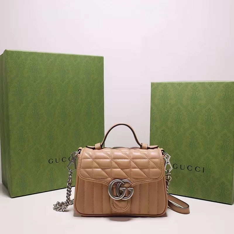 Gucci Women GG Marmont Mini Top Handle Bag Brown Matelassé Leather Double G