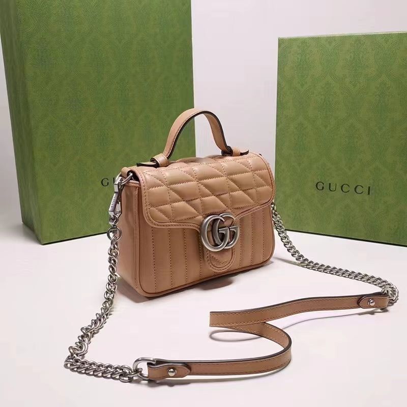 Gucci Women GG Marmont Mini Top Handle Bag Brown Matelassé Leather Double G