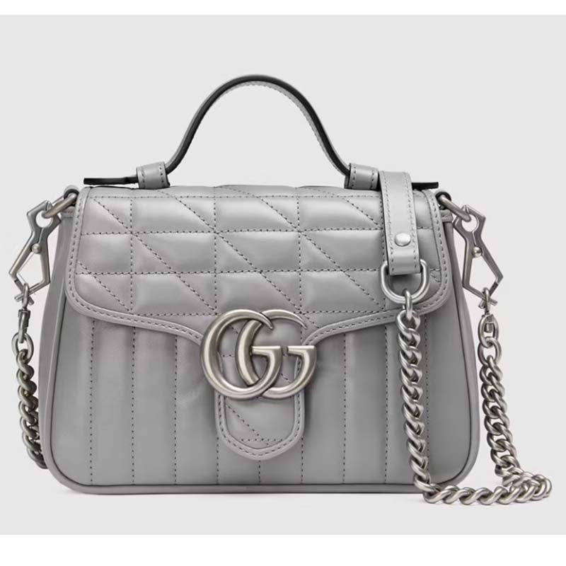 Gucci Women GG Marmont Mini Top Handle Bag Grey Matelassé Leather Double G