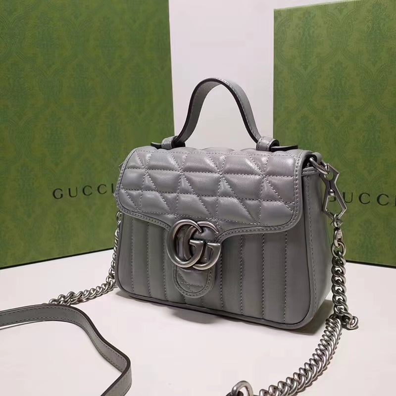 Gucci Women GG Marmont Mini Top Handle Bag Grey Matelassé Leather Double G