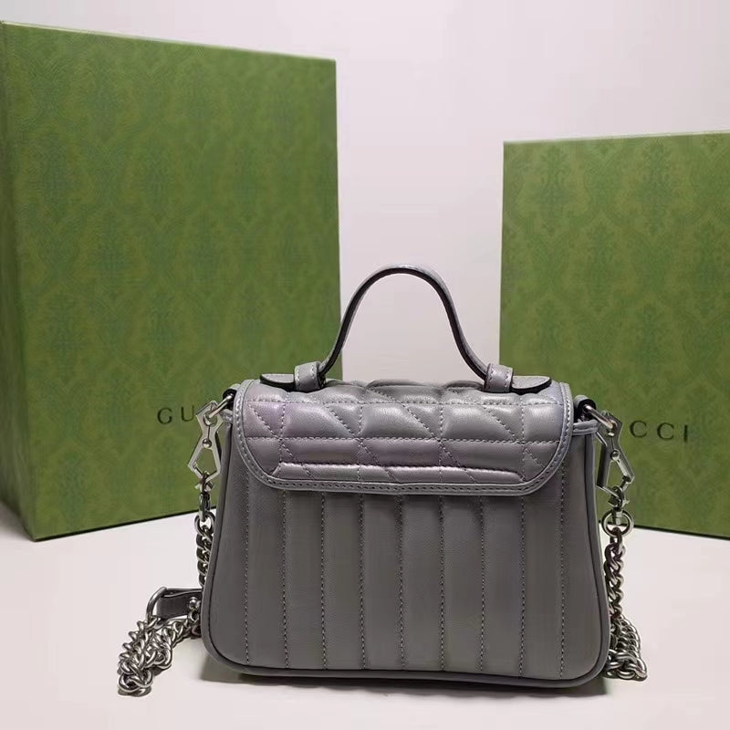 Gucci Women GG Marmont Mini Top Handle Bag Grey Matelassé Leather Double G