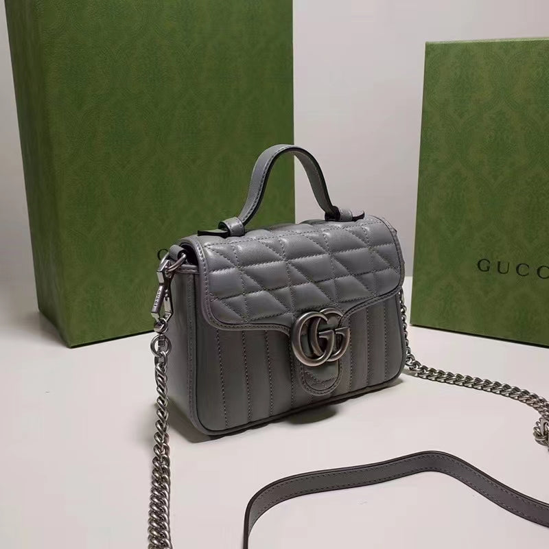 Gucci Women GG Marmont Mini Top Handle Bag Grey Matelassé Leather Double G