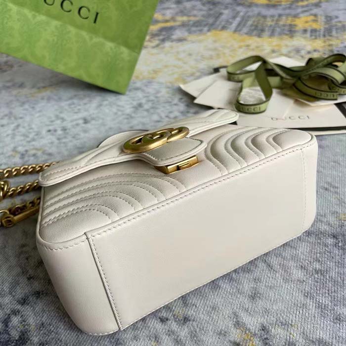 Gucci Women GG Marmont Mini Top Handle Bag White Matelassé Chevron Leather Heart Double G