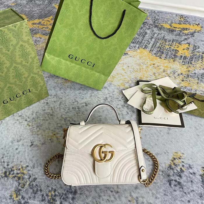 Gucci Women GG Marmont Mini Top Handle Bag White Matelassé Chevron Leather Heart Double G