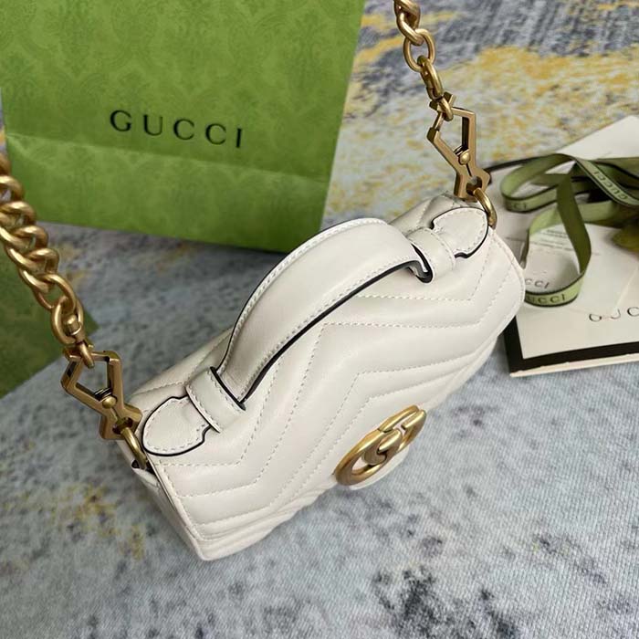 Gucci Women GG Marmont Mini Top Handle Bag White Matelassé Chevron Leather Heart Double G