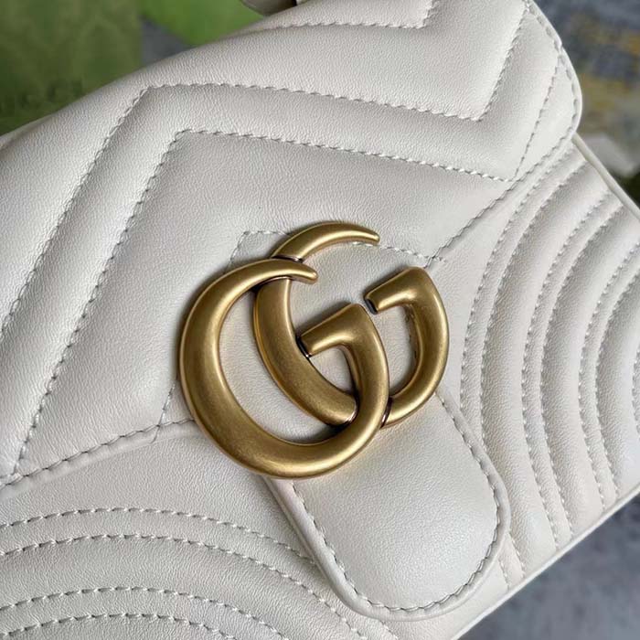 Gucci Women GG Marmont Mini Top Handle Bag White Matelassé Chevron Leather Heart Double G