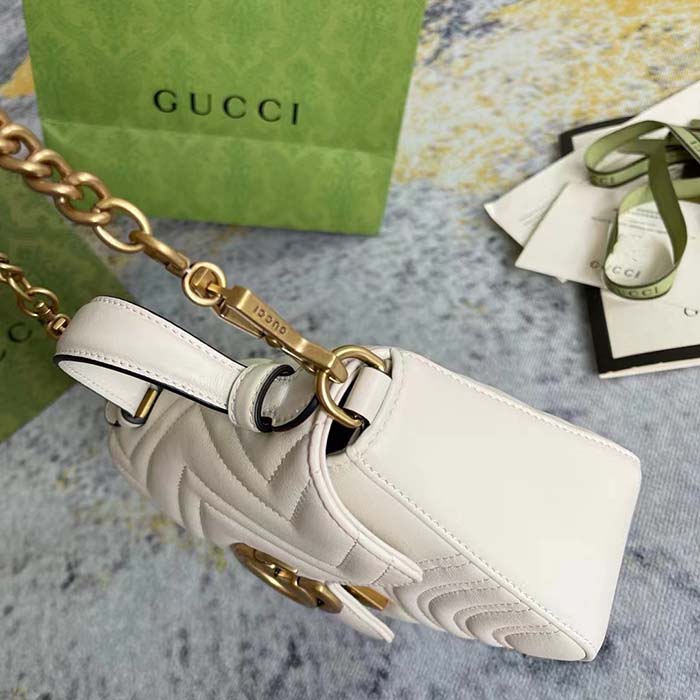 Gucci Women GG Marmont Mini Top Handle Bag White Matelassé Chevron Leather Heart Double G