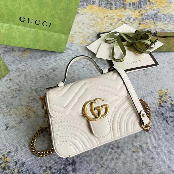 Gucci Women GG Marmont Mini Top Handle Bag White Matelassé Chevron Leather Heart Double G