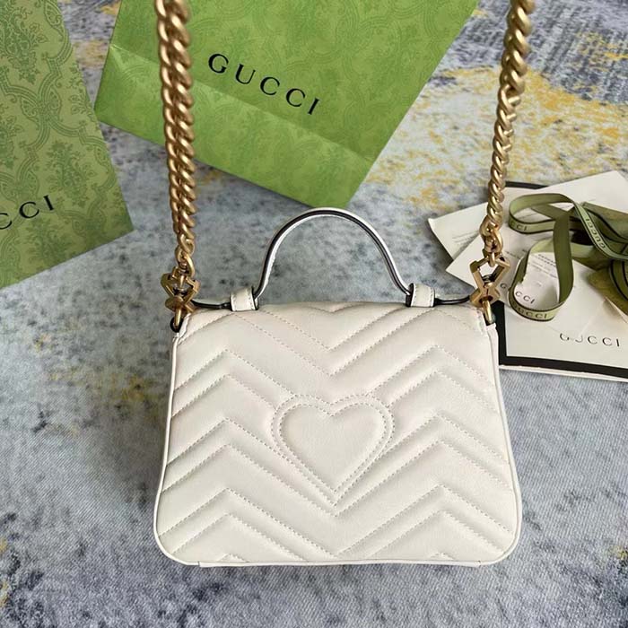 Gucci Women GG Marmont Mini Top Handle Bag White Matelassé Chevron Leather Heart Double G