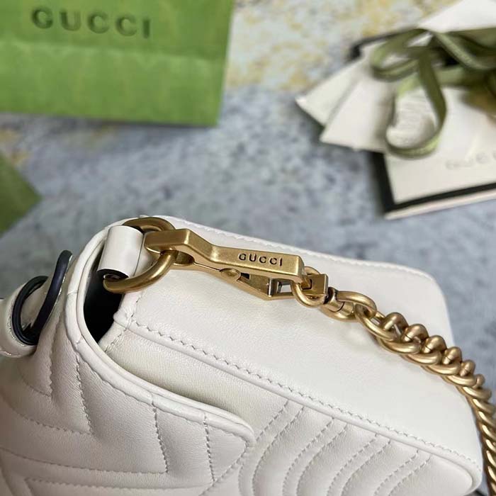 Gucci Women GG Marmont Mini Top Handle Bag White Matelassé Chevron Leather Heart Double G