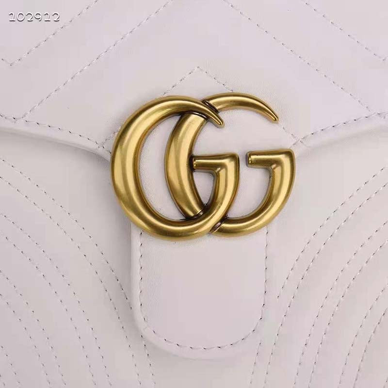 Gucci Women GG Marmont Mini Top Handle Bag White Matelassé Chevron Leather with Heart