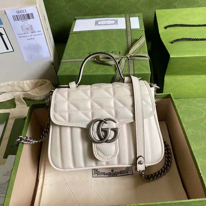 Gucci Women GG Marmont Mini Top Handle Bag White Matelassé Leather