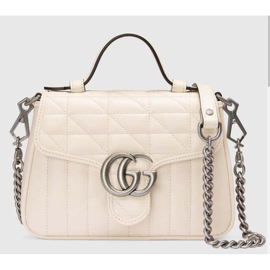 Gucci Women GG Marmont Mini Top Handle Bag White Matelassé Leather