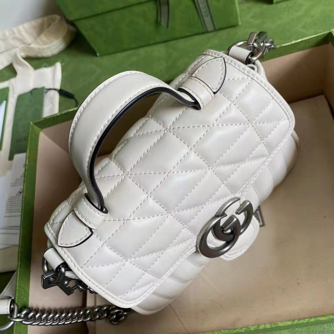 Gucci Women GG Marmont Mini Top Handle Bag White Matelassé Leather