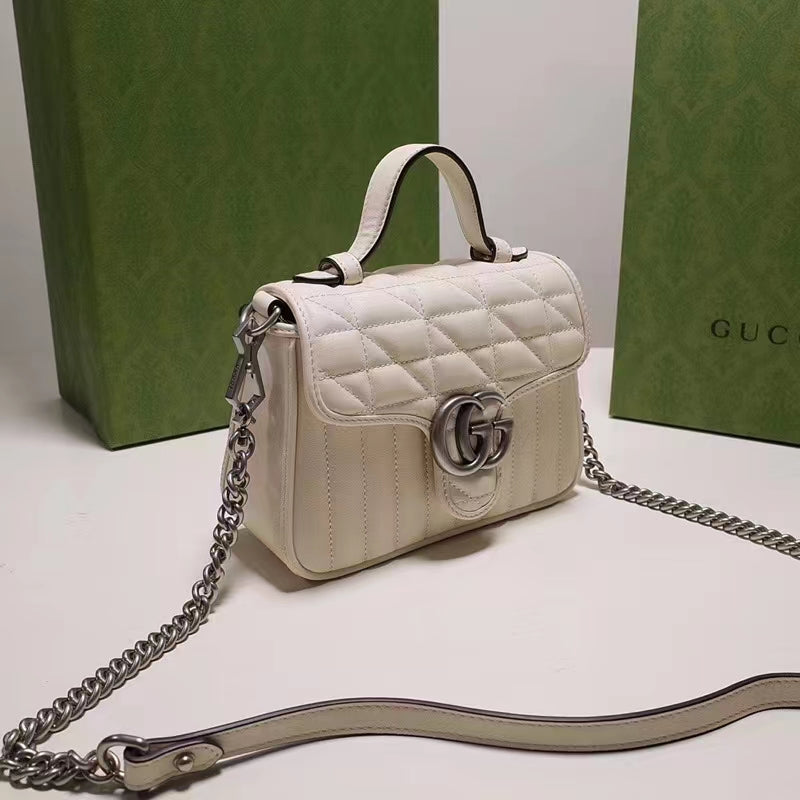 Gucci Women GG Marmont Mini Top Handle Bag White Matelassé Leather Double G