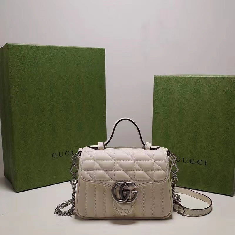 Gucci Women GG Marmont Mini Top Handle Bag White Matelassé Leather Double G