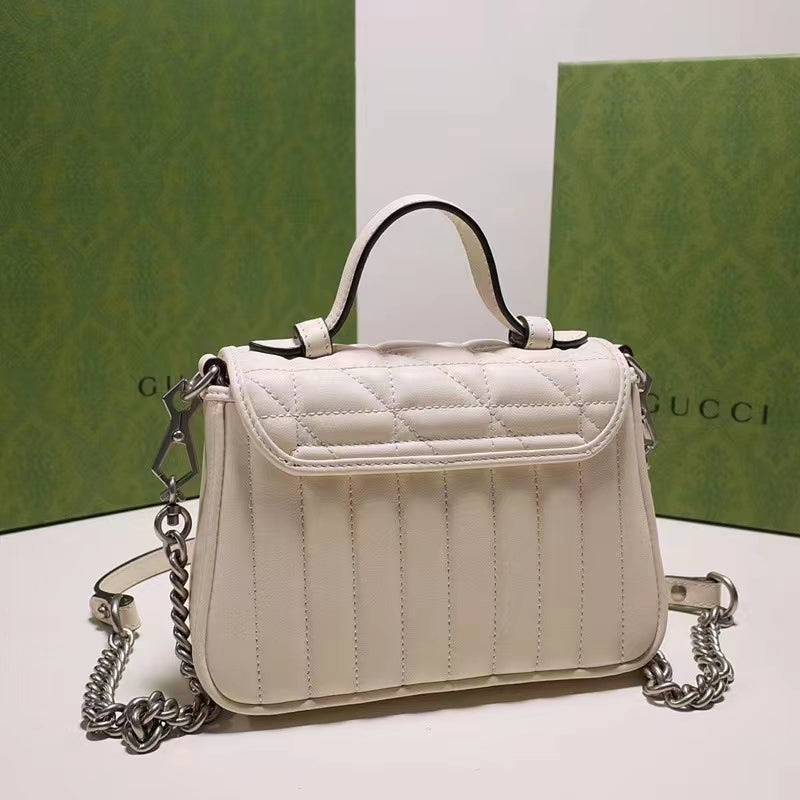 Gucci Women GG Marmont Mini Top Handle Bag White Matelassé Leather Double G