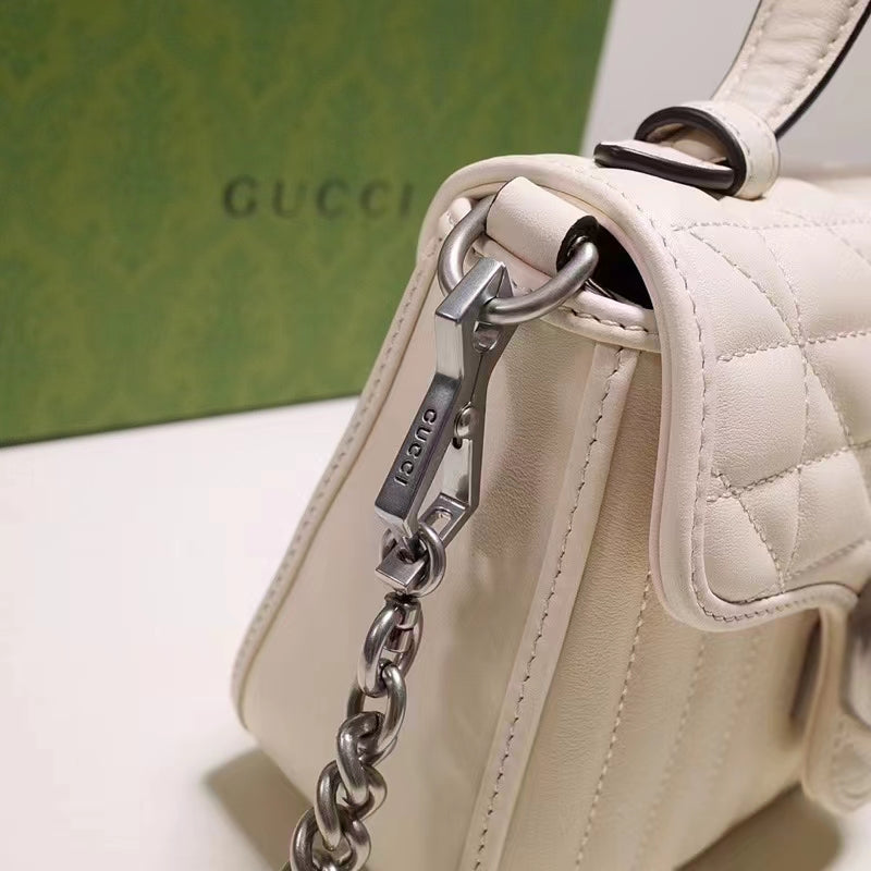 Gucci Women GG Marmont Mini Top Handle Bag White Matelassé Leather Double G