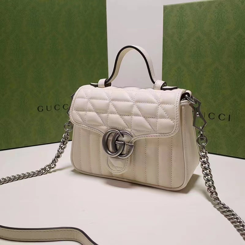 Gucci Women GG Marmont Mini Top Handle Bag White Matelassé Leather Double G