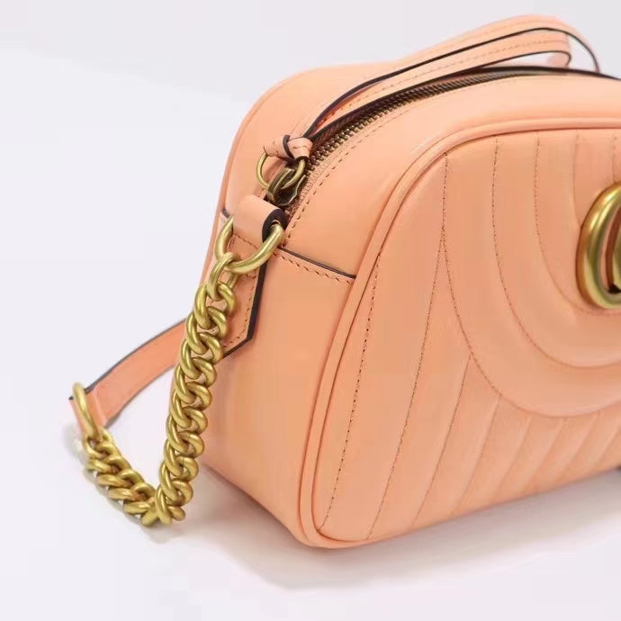 Gucci Women GG Marmont Shoulder Bag Peach Matelassé Round Vertical Leather Double G