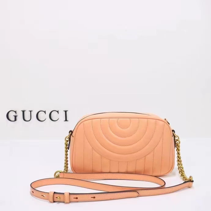 Gucci Women GG Marmont Shoulder Bag Peach Matelassé Round Vertical Leather Double G