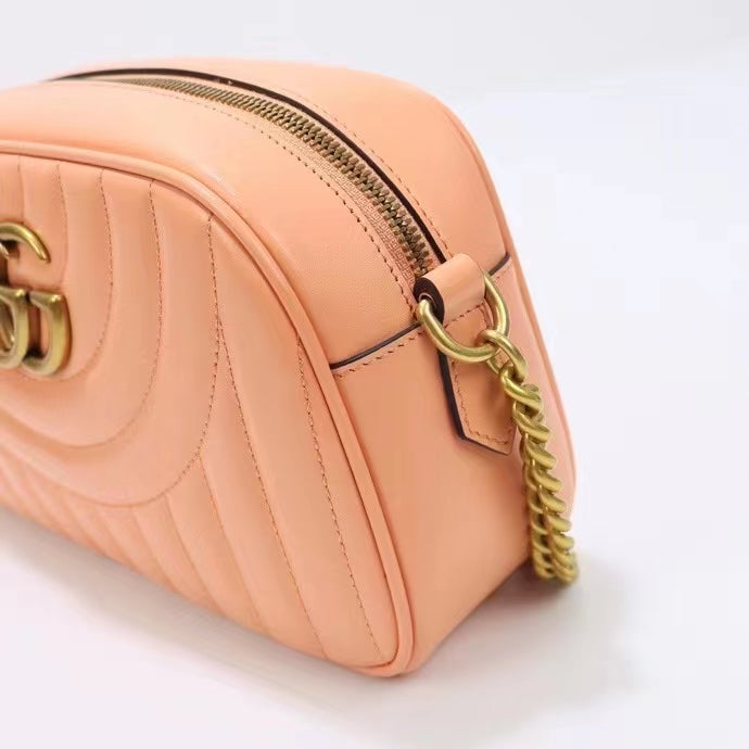 Gucci Women GG Marmont Shoulder Bag Peach Matelassé Round Vertical Leather Double G