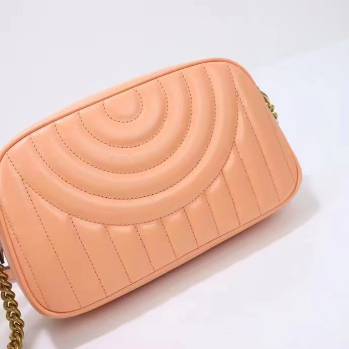 Gucci Women GG Marmont Shoulder Bag Peach Matelassé Round Vertical Leather Double G