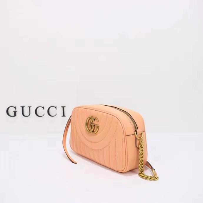 Gucci Women GG Marmont Shoulder Bag Peach Matelassé Round Vertical Leather Double G