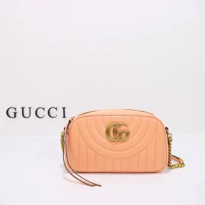 Gucci Women GG Marmont Shoulder Bag Peach Matelassé Round Vertical Leather Double G