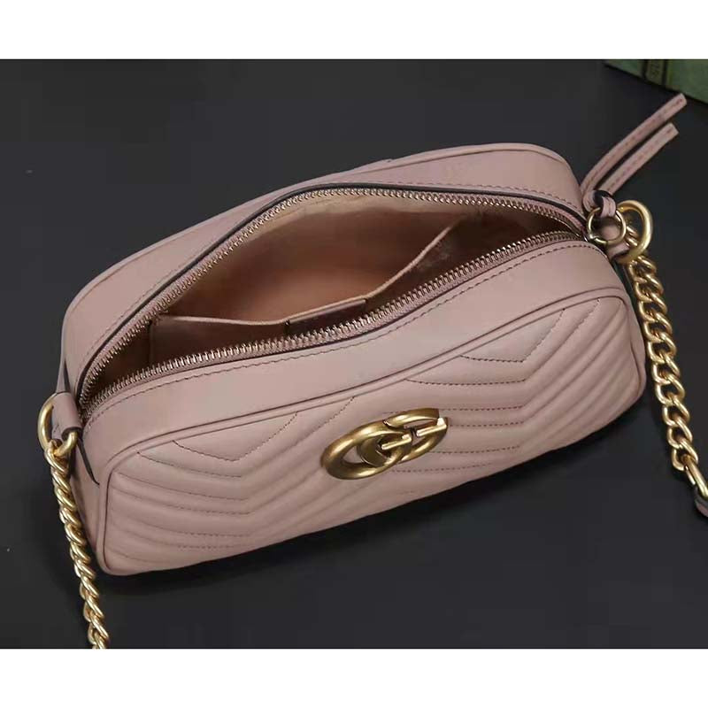 Gucci Women GG Marmont Small Matelassé Shoulder Bag Pink Leather Double G